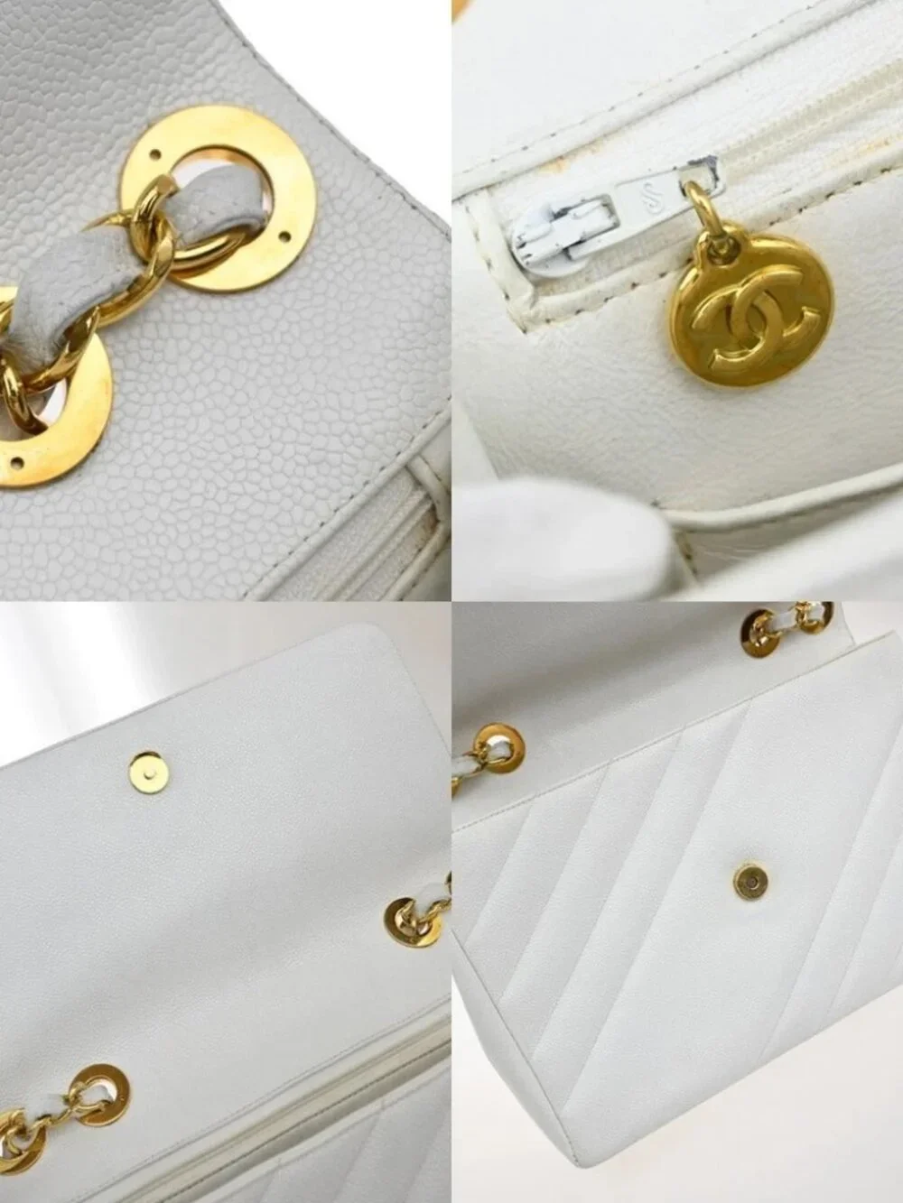 CHANEL CC Chain Shoulder Bag Grained Calfskin Leather White Vintage